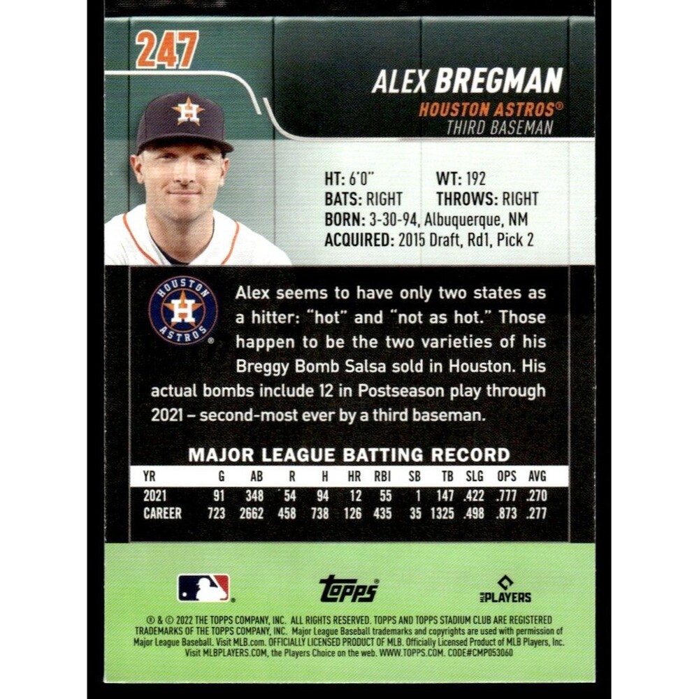 2022 Stadium Club Alex Bregman Houston Astros #247 - Picture 2 of 2
